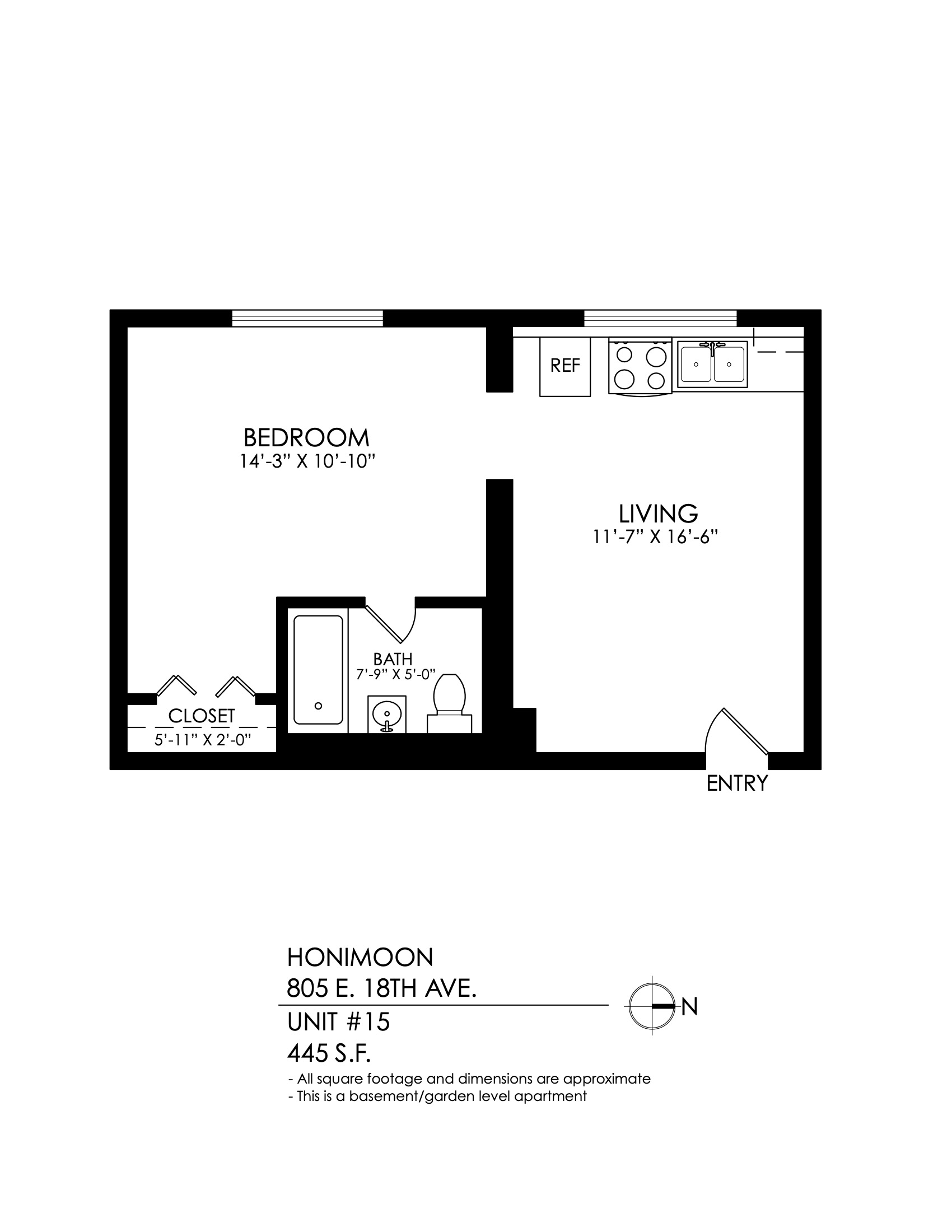 Floor plan for 1 bed, 1 bath, 515 sqft
